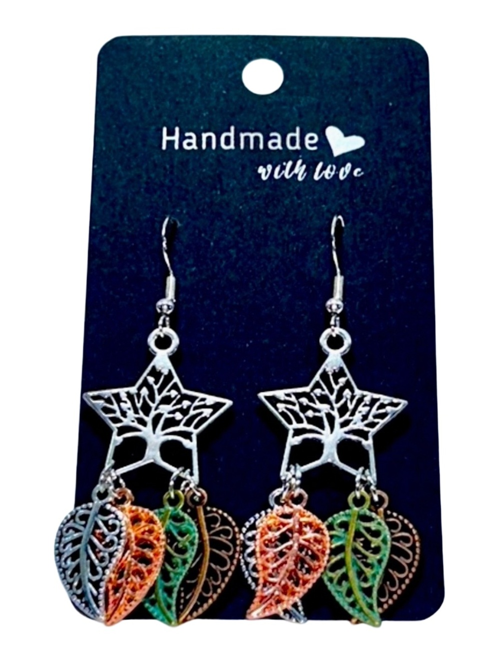 Handmade Sterling Silver Tree Star Pendant Earrings with Dangly Leaves